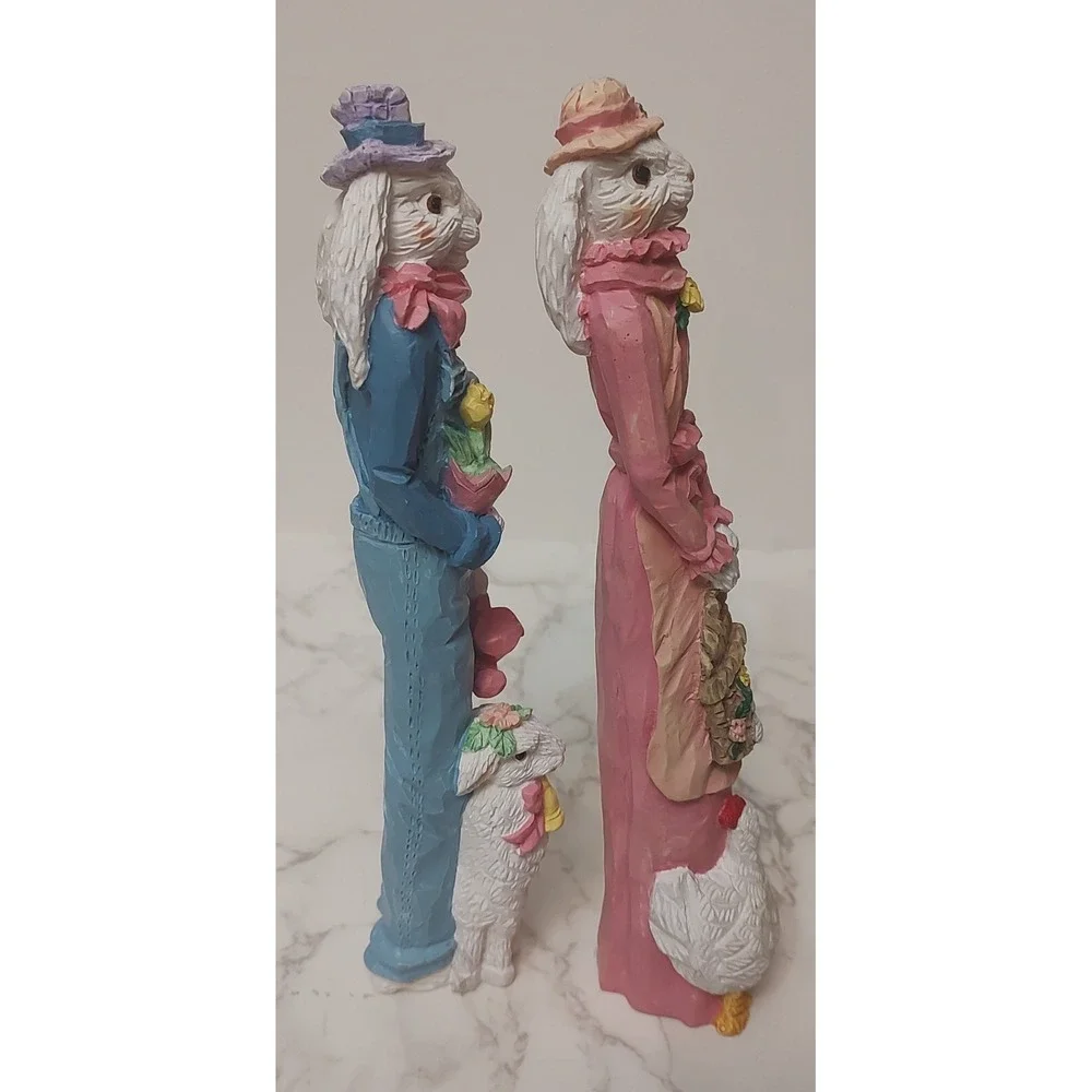 Vintage Bunny Rabbit Tall Figurines Set Of 2 Easter Chicken Tulip Sheep A1